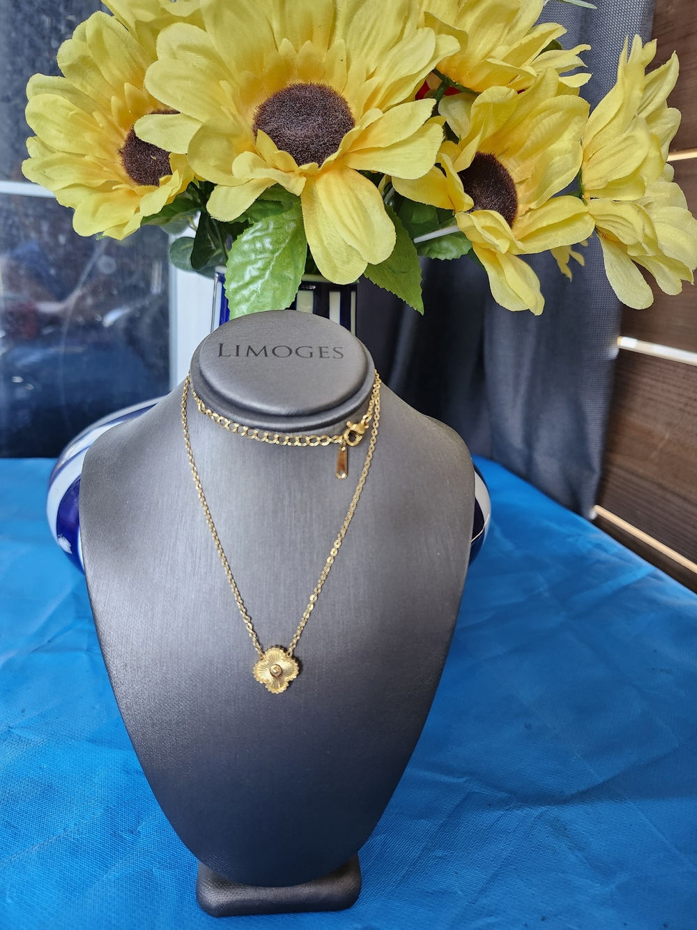 Limoges Gold Flower Pendant Layered Necklace